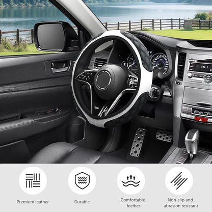 Car Steering Wheel Cover, 15 Inches Leather Steering Wheel Protector with Non-Slip Grip, Universal Wheel Covers Interior Decoration for Sedens Trucks SUVs, Car Accessories (White)