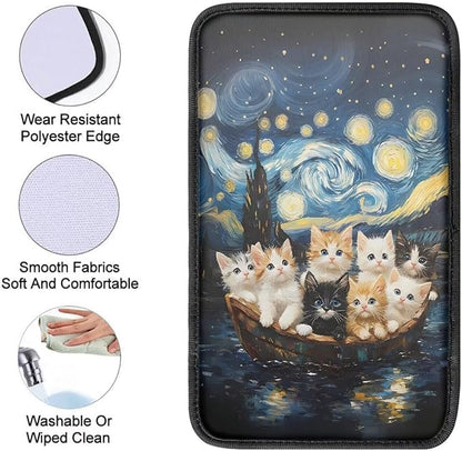 Auto Center Console Pad Oil Painting Starry Sky Cats Car Armrest Cushion Covers, Protect from Pet Claws, Dirt, and Sticky Fingers