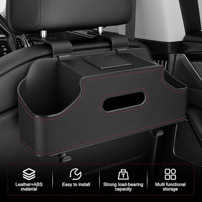 Car Back Seat Storage Box, Leather Car Seat Back Multifunctional Organizer, Detachable Partition Design Backseat Storage Box for Cars, Great Fit for Kids and Travel (Black)