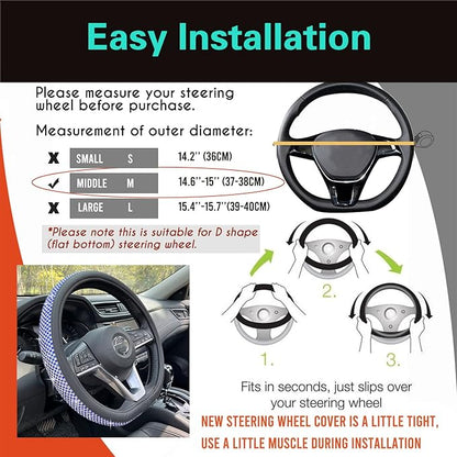 PINCTROT D Shaped Bling Comfy Steering Wheel Cover with Jumbo Crystal Rhinestones, Anti-Slip Diamond Leather, Flat Bottom 14.5-15 Inch (Blue)
