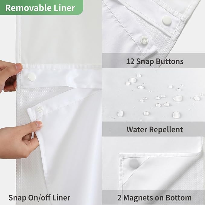 eachope Stall No Hook Shower Curtain with Snap-in Fabric Liner Set,Waffle Weave Shower Curtains for Bathroom,Hotel Luxury Decor Bathroom Curtain Set,Waterproof & Washable,White,36Wx74H