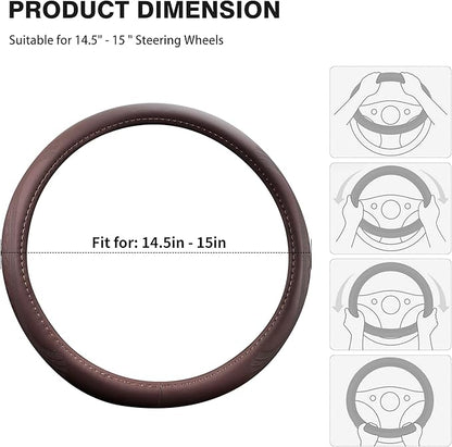 【2025 Model】 Breathable Soft Leather Car Steering Wheel Cover for Men Women, Non-Slip, Comfortable,Universal 15 inches Steering Wheels, Brown