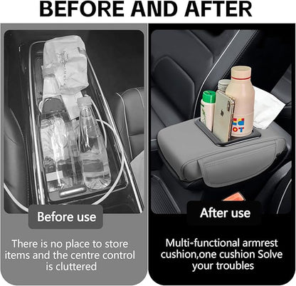 wuyaoyao Car Center Console Cover, 13.39"×8.27"×3.15" Leather Car Armrest Cover with Pocket & Tissue Box & Cup Holder, Multifunctional Auto Armrest Cushion Pad, Universal Car Accessories (Gray)