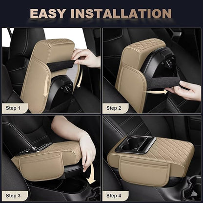 Center Console Cover Fit for Corolla Faux Leather Car Armrest Cushion with Storage Bags, Cup Holder ＆ Phone Storage Multifunctional Middle Console Cover(Beige)