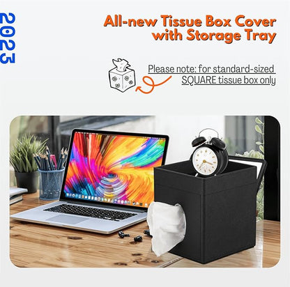 LAMOTI Leather Tissue Box Cover with Storage Tray, Square Facial Tissue Box Holder for Bathroom, Office Table, Countertop, Night Stand & More (Black)