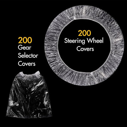 Lawei Sef of 400 Disposable Steering Wheel Covers and Gear Selector Shifter Knob Covers, Universal Plastic Transparent Car Steering Wheel Covers with with Elastic Bands, Disposable Gear Shift Cover