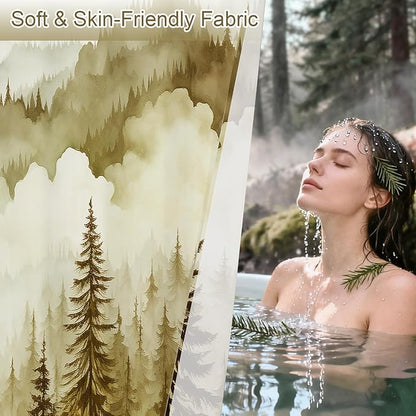 Litabel Yellow Extra Long Misty Pine Forest Shower Curtain 72 x 84, XL Mountain Foggy Woodland Scenery Tree Shower Curtains for Bathroom, Abstract Waterproof Nature-Themed Decor