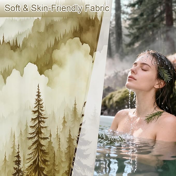 Litabel Yellow Long Misty Pine Forest Shower Curtain 72 x 78, Mountain Foggy Woodland Scenery Tree 78 Inch Long Shower Curtains for Bathroom, Abstract Waterproof Nature-Themed Decor