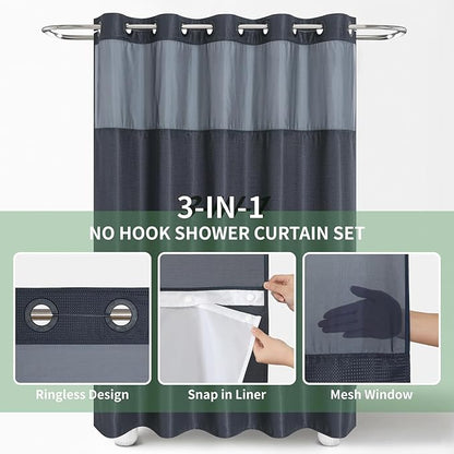 eachope Stall No Hook Shower Curtain with Snap-in Fabric Liner Set,Waffle Weave Shower Curtains for Bathroom,Hotel Luxury Decor Bathroom Curtain Set,Waterproof & Washable,Navy,54Wx80H