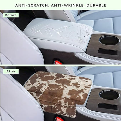 Dreaweet Brown Cow Print Center Console Cover with Pockets Thick Arm Rest Pad for Car Truck SUV Van Soft Comfortable Car Armrest Cover Center Console Cushion Pad