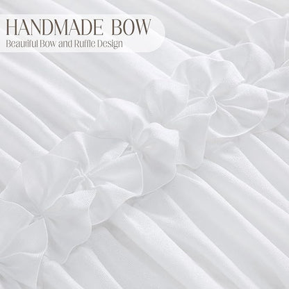 XOGUIBO White Ruffle Shower Curtain with Handmade Bow Tie, Linen Vintage Farmhouse Shower Curtain for Bathroom, 72" W x 78" H