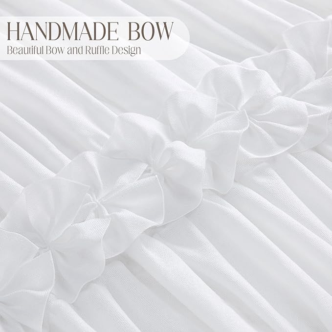 XOGUIBO Ruffle Shower Curtain with Handmade Bow Tie, White Linen Vintage Farmhouse Shower Curtain for Bathroom, 72" W x 90" H