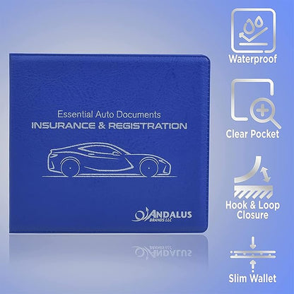 Andalus Auto Registration & Insurance Card Holder Pack of 2, Waterproof Essential Car Registration Holder with Hook & Loop Closure, Perfect for Every Vehicles Glove Boxes (Blue - 5 1/8" x 4 5/8")