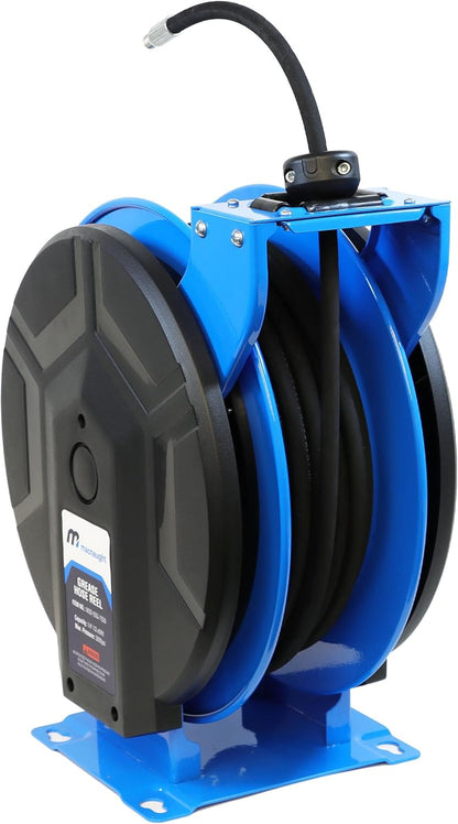 Macnaught M3 Slow Retraction Grease Safety Hose Reel 1/4” x 50 ft, Heavy Duty, Dual Pedestal, 5800PSI