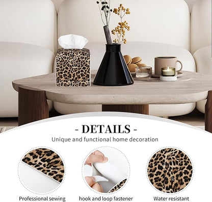 POIUBLE Leather Tissue Box Holder Leopard Print Tissue Box Cover Square Waterproof Tissue Holder Organizer Modern Napkin Holder for Bedroom Dresser Night Stand Office Desk