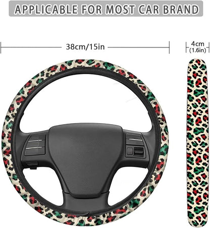 Universal Non-Slip Steering Wheel Cover, 15-inch Polyester Material Driving Accessories, Adjustable for Car and Truck(Artistic Red Green Leopard)