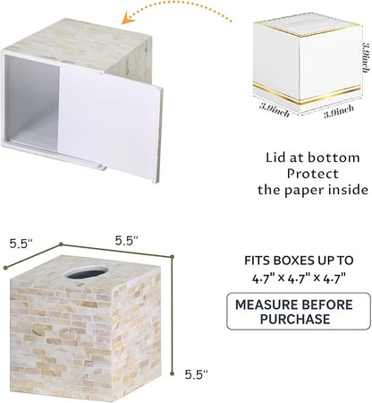 PEMAR Handcrafted Wooden Tissue Box Cover for Small Cube Tissue Boxes Only (Max Inner Size 4.7”) – Mother of Pearl Inlay Decorative Tissue Holder for Bathroom, Living Room & Office (Milano)