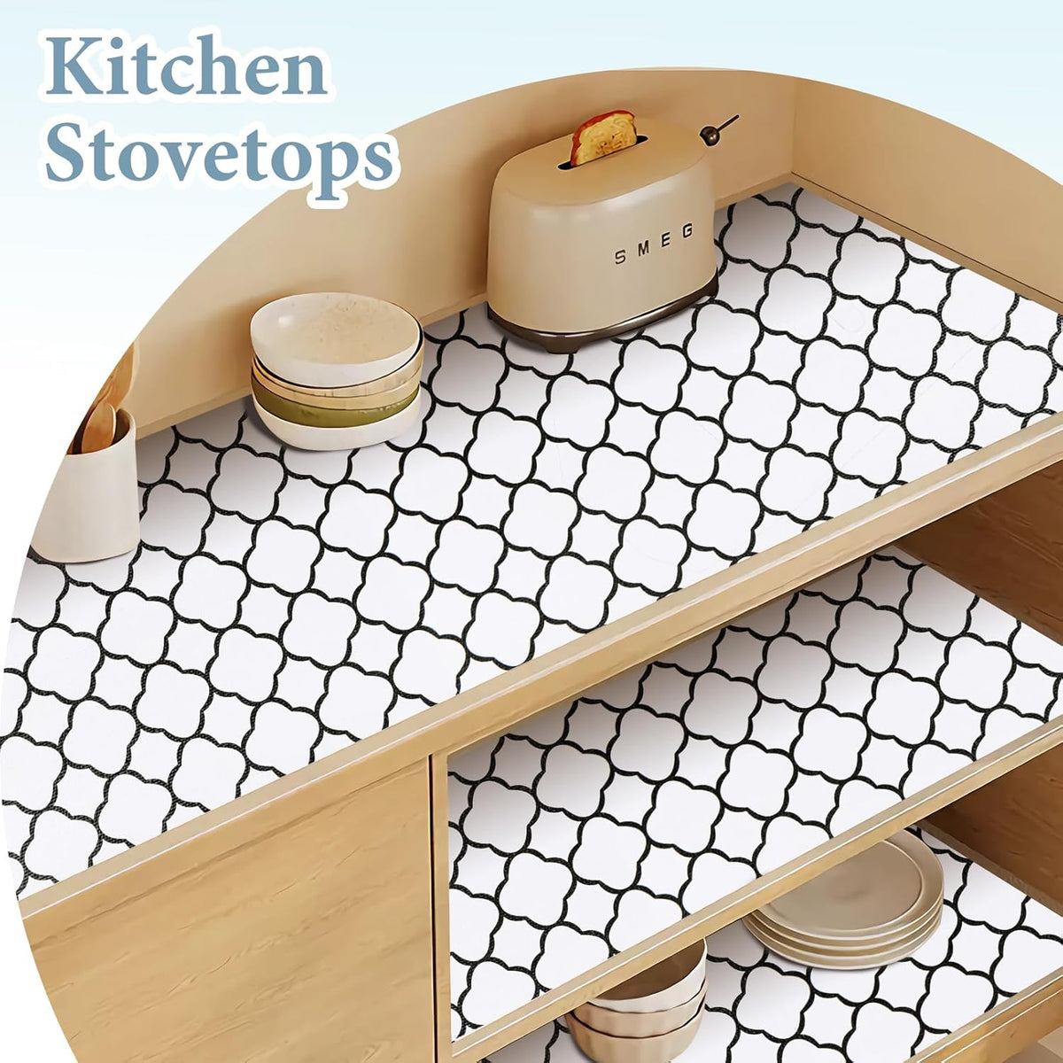Shelf Drawer Liners for Kitchen Cabinets 17.3 x 236 Inches Non Adhesive Drawer Liner Thickened Refrigerator Liner Black Quatrefoil Strong Non-Slip Paper for Tool Box with Knife and Tape Measure