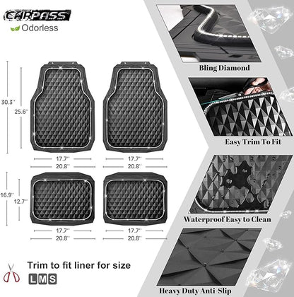 CAR PASS Bling Diamond Rubber Car Mats, Heavy Duty Deep Dish All-Weather Floor Mat Full Set Anti-Slip 3D Rhombus Waterproof Trim Fit Liner Universal Glitter Sparkly Shining Rhinestone, White Diamond