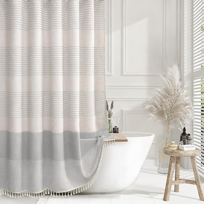XOGUIBO Grey Shower Curtain Farmhouse Linen Striped Shower Curtains for Bathroom with Tassel 72 X 72