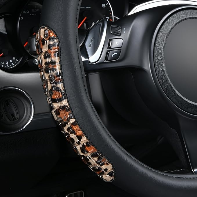 Flying Banner car Steering Wheel Cover Gel Massage Velvet Cool Warm Universal Size 15 inches SUV Truck Anti Slip Odorless Summer Winter (Black Brown Leopard Print, Gel Massage)