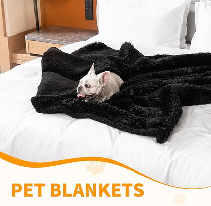 Wowchine Calming Fleece Cat Blankets Black Waterproof Pets Blanket for Dogs Reversible Long Faux Fur Puppy Throw Blankets(Black,L)