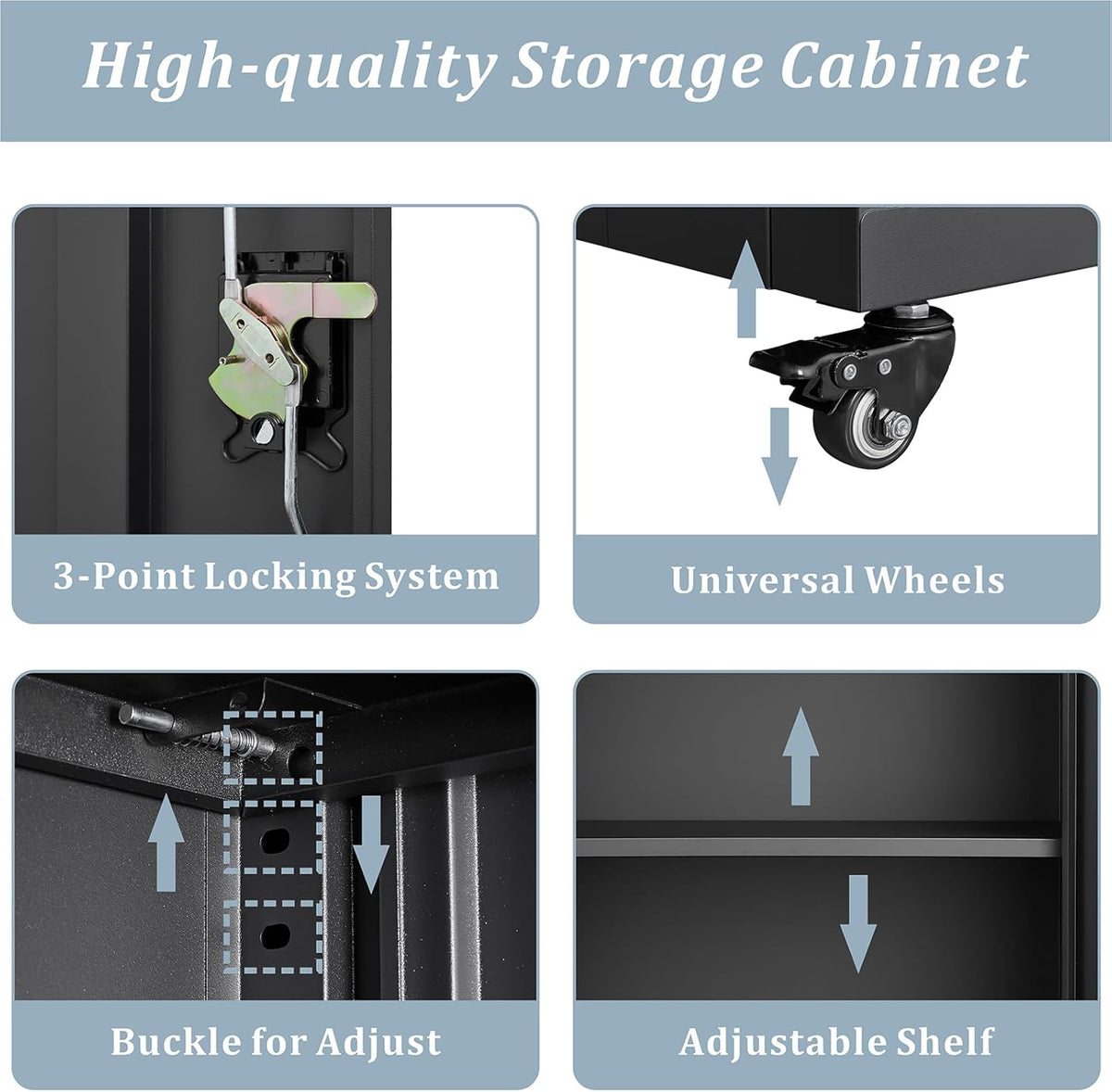 LUCYPAL Metal Storage Cabinet with Locking Doors and Wheels,Garage Storage Cabinets with 1 Adjustable Shelf for Home Office,Steel Counter Cabinet for Office,Garage,Kitchen,Black