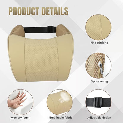 Car Neck Pillow with Memory Foam, Soft Comfortable Headrest Pillow for Driving, Ergonomic Design, Auto Seat Neck Support Pillows Head Rest Cushion with Breathable Leather Cover (Beige)