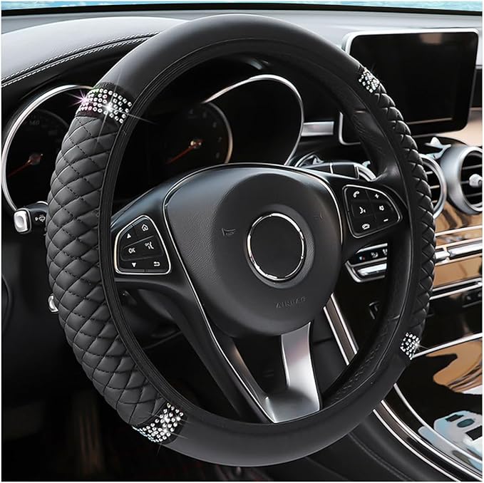 Bling Soft Leather Steering Wheel Cover, 15 Inch Colorful Rhinestones Auto Elastic Steering Wheel Protector, Sparkly Crystal Diamond for Women Girls, Car Accessories for Most Cars (Black)