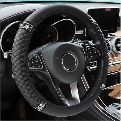 Bling Soft Leather Steering Wheel Cover, 15 Inch Colorful Rhinestones Auto Elastic Steering Wheel Protector, Sparkly Crystal Diamond for Women Girls, Car Accessories for Most Cars (Black)
