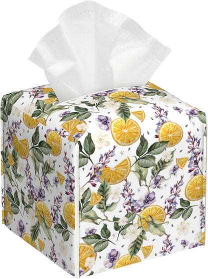 BLYKVGHQ Square Tissue Box Cover Orange Fruits and Lavender Flowers Tissue Box Holder Facial Cube Paper Dispenser Leather Decorative Organizer Home Office Desk Decor, 5.2"x5.2"x5.2"