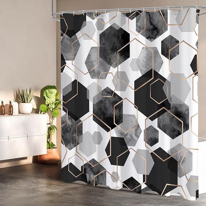 Litabel Modern Small Stall Shower Curtain for Bathroom, Black Geometric Art Decor Waterproof Bath Curtain, Abstract Fabric Shower Curtain Sets for Home Decor, 36" W x 72" L Inch