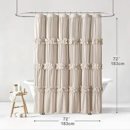XOGUIBO Ruffle Shower Curtain with Handmade Bow Tie, Beige Linen Vintage Farmhouse Shower Curtain for Bathroom, 72" W x 72" H