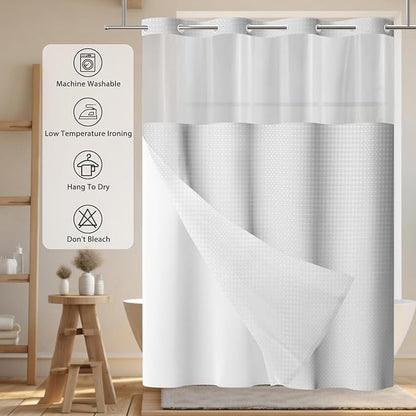 GICDSU No Hook Shower Curtain with Snap in Liner, Waffle Shower Curtain Set for Bathroom, Hotel Style with Semi-Sheer Top Window, Waterproof & Washable, Light Grey, 71" W x 75" L