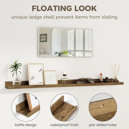Axeman 55 Inch Floating Shelves - Picture Ledge Shelf Set of 2 - Rustic Brown Wall Shelves with Lip - Picture Shelf for Wall with Ledge - Photo Ledge Shelves for Pictures Nursery Books