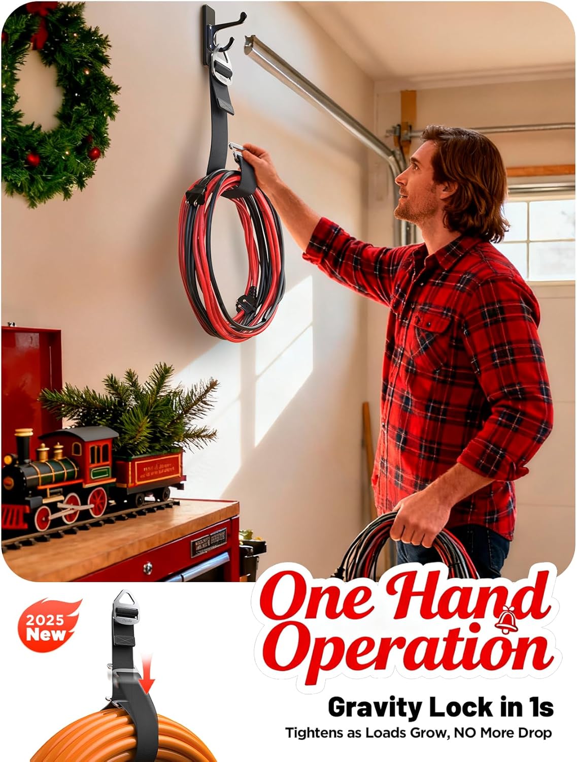 2025 Stocking Stuffers for Men, 6 Pack One Hand Operate Gravity Tighten Extension Cord Holder Organizer, Hose Rope Storage Straps, Workshop Garage Organization Gadgets Tools, Christmas Gifts for Dad
