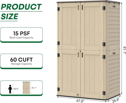 Vertical Outdoor Storage Shed, 60 Cu.Ft Resin Storage Cabinet Waterproof with Lockable Floor, All-Weather Tall Backyard Shed for Patio Furniture, Garage, Garden, Porch (Khaki)