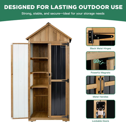 Outdoor Storage Cabinet, Wood & Metal Storage Shed with Weather-Resistant Roof, Adjustable Shelf, Lockable Doors & Adjustable Feet, for Garden, Patio, Backyard, 27.5" x 13" x 67" (Brown+Black)