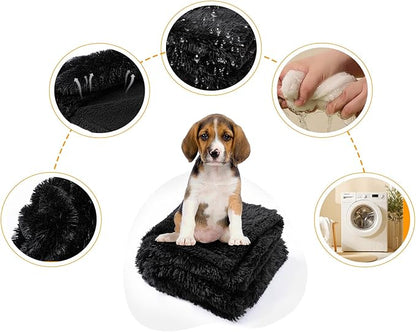 Wowchine Calming Fleece Cat Blankets Black Waterproof Pets Blanket for Dogs Reversible Long Faux Fur Puppy Throw Blankets(Black,L)