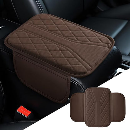 Car Center Console Cover, 11.8"×6.7" Leather Armrest Cover for Cars, Multifunctional Auto Armrest Cushion Pad with Storage Pocket, Universal Arm Rest Protector Car Accessories (Coffee)