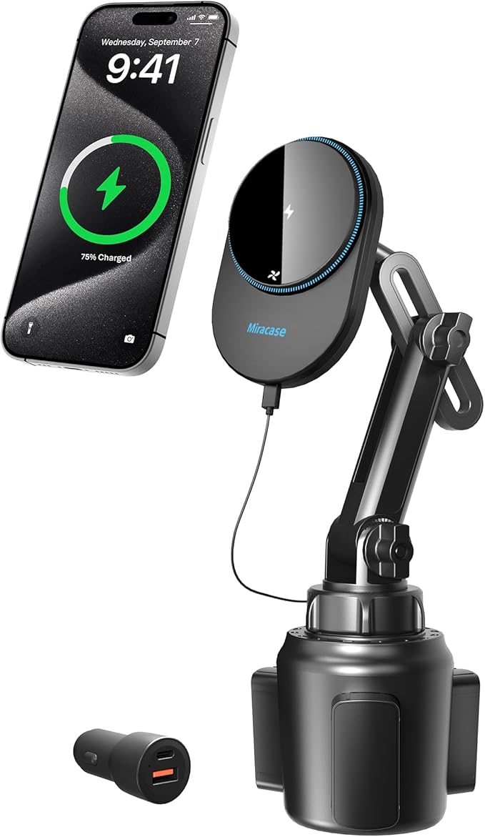 Miracase for Magsafe Car Mount Charger, 15W Fast Charging Cup Holder Phone Holder Wireless Magnetic Charger with Heat Dissipation System Only Fit iPhone 16/15/14/13/12 Series