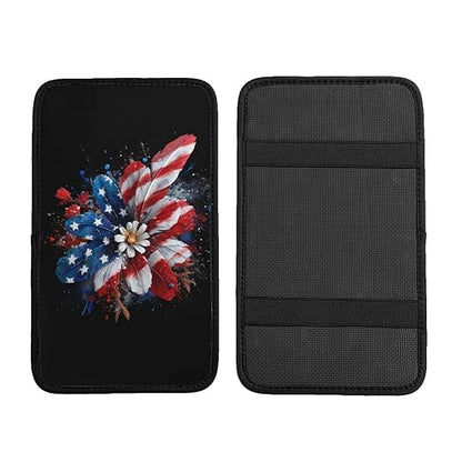 American Flag in Red Flower Car Auto Armrest Cushion Cover Accessories Center Console Seat Box Pad Protector Universal Decoration for Most Vehicle SUV Truck