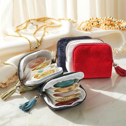 Travel Jewelry Case, Portable Jewelry Storage Bag, Compact Foldable Five Compartments Organizer Pouch with Zipper & Tassel for Earring Necklace Ring Bracelet (Gray)
