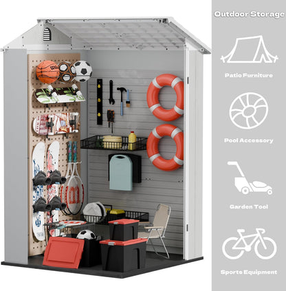 Devoko 4x4 FT Outdoor Shed, Compact & Secure Plastic Resin Storage with Lockable Door, Features Built-in Floor & Window for All-Weather Garden, Patio, and Poolside Organization, Light Gray