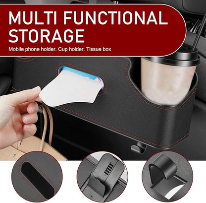 Car Back Seat Storage Box, Leather Car Seat Back Multifunctional Organizer, Detachable Partition Design Backseat Storage Box for Cars, Great Fit for Kids and Travel (Black)