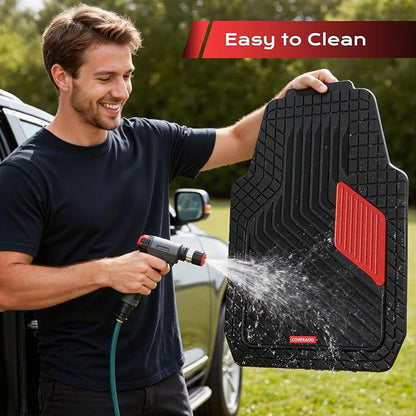 Coverado Red Rubber Car Floor Mats with Metallic Aluminum Film, Waterproof All Weather Protection, Universal Trim-to-Fit Automotive Mats for Cars SUVs Trucks, 4PCS Set