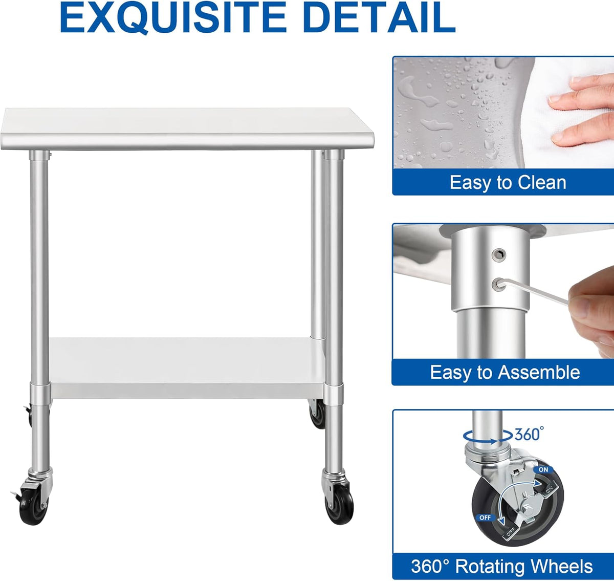 HARDURA Stainless Steel Commercial Table Prep & Work Table with Casters Heavy Duty Metal Table with Wheels NSF 430 14×30 Inches