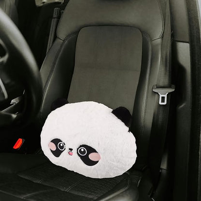 NUOBESTY Panda Plush Lumbar Support Pillow for Car Seat and Office Chair, Round Embroidered Rabbit Fur Cartoon Cushion for Lower Back Comfort During Driving and Travel