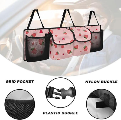 Strawberry Trunk Seat Organizer Back Seat Hanging Organizer for SUV, Sedan, Pink Trunk Oxford Cloth Bag, Equipped with Robust Elastic Net, Space Saving Expert