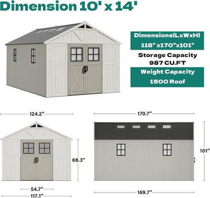 Devoko 10x14 FT Resin Outdoor Storage Shed with Floor, Plastic Tool Garden Shed with Windows & Lockable Door, Outside Large Storage Shed for Patio Backyard Lawn, Beige